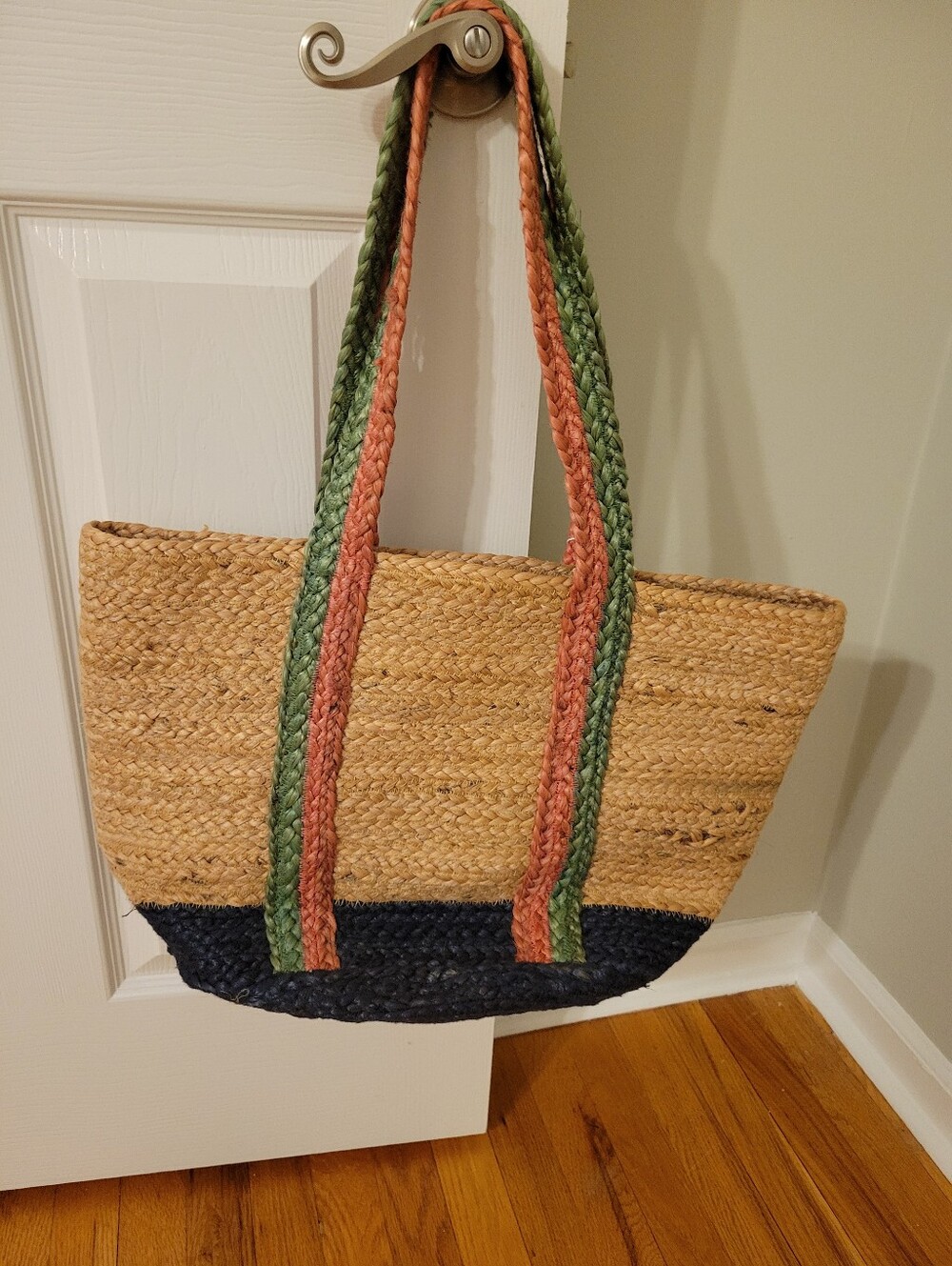 Woven Straw Tote Bag with Green & Coral Straps, Navy Blue Bottom